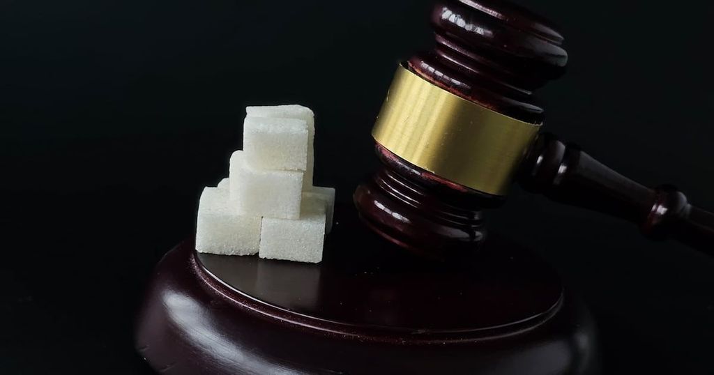 A dark wooden gavel with a gold knob rests on a black surface beside a stack of sugar cubes.