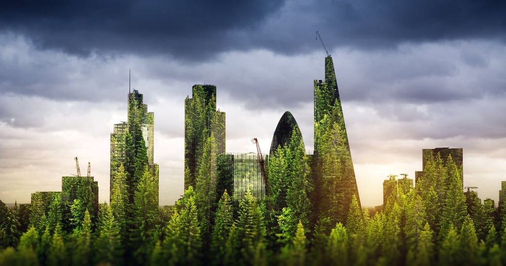 A dramatic cityscape of London skyscrapers partially covered in lush green trees under a stormy sky.